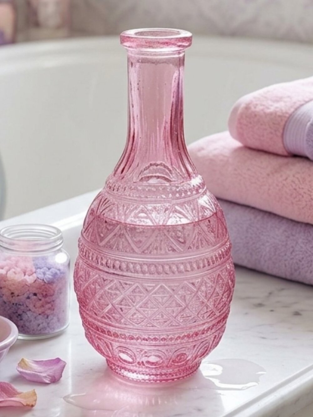 Pink Pressed Glass Decorative Vase Bottle Decanter Molded